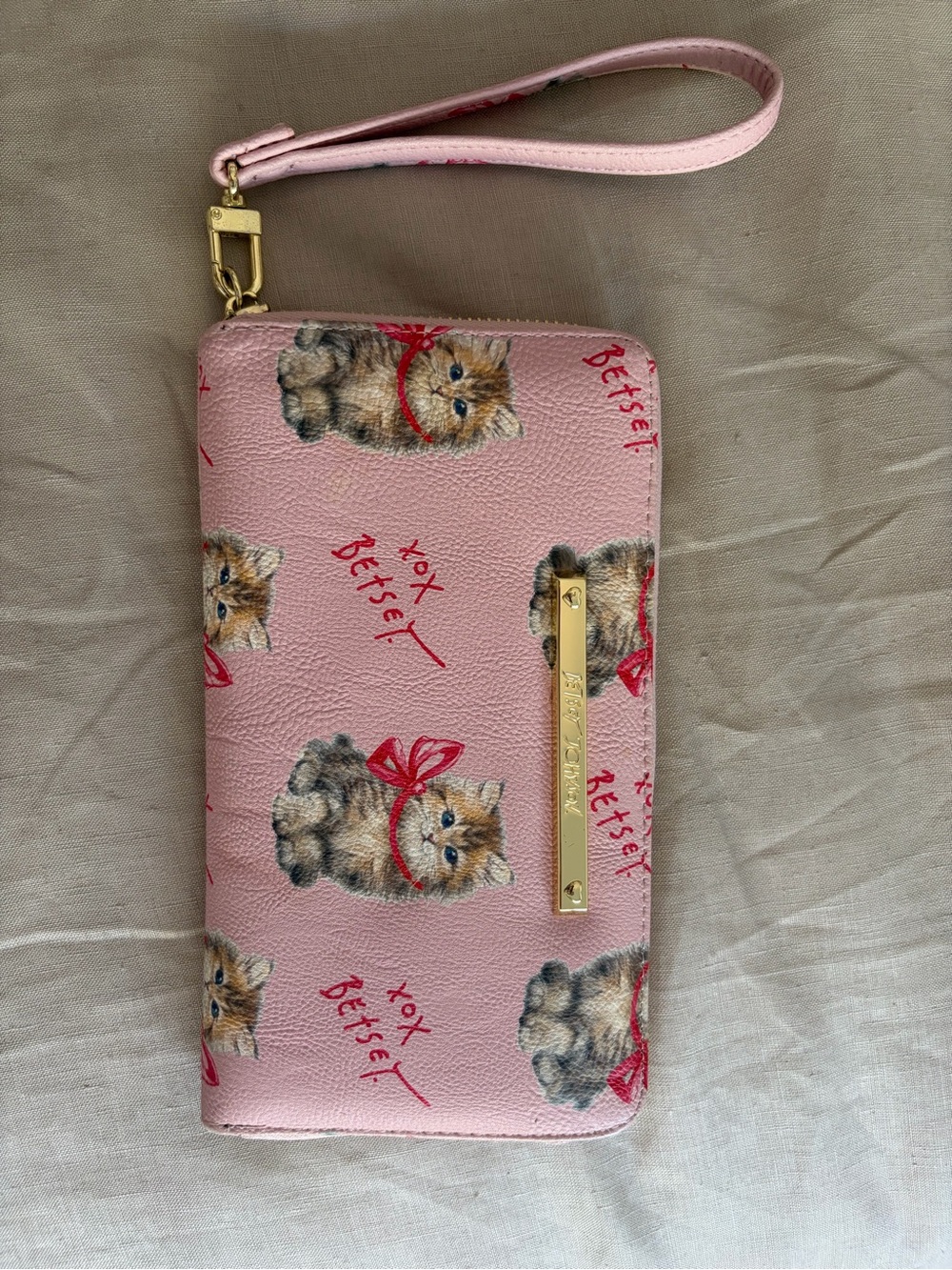 Betsey Johnson Pink Kitten Print Wristlet Wallet with Gold Accent